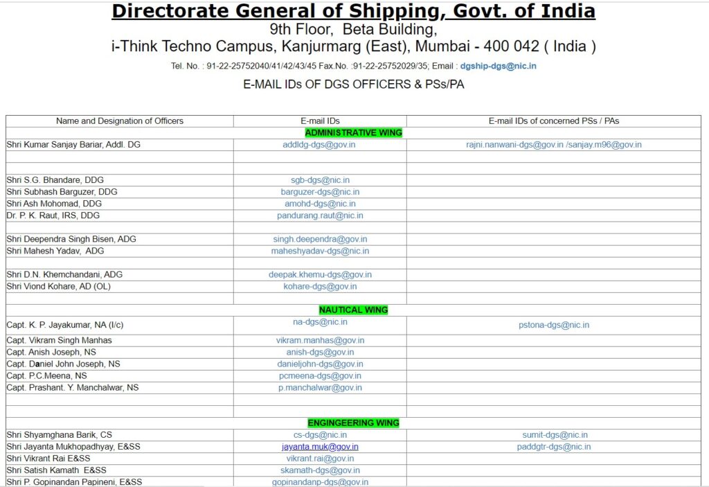 dg shipping e governance contact number